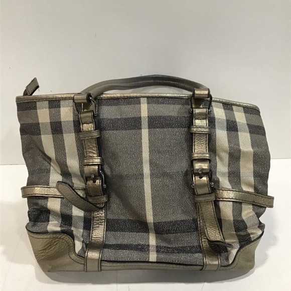 Women’s Burberry Silver Shimmer Check Degrade Buckle Tote Bag - Picture 5 of 9